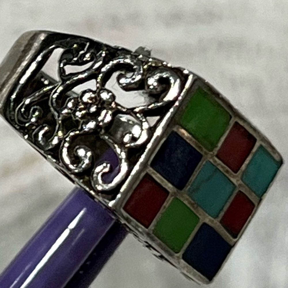Unique Sterling Silver Turquoise, Red Coral & 2 Other Genuine Gemstone Ring SZ 7